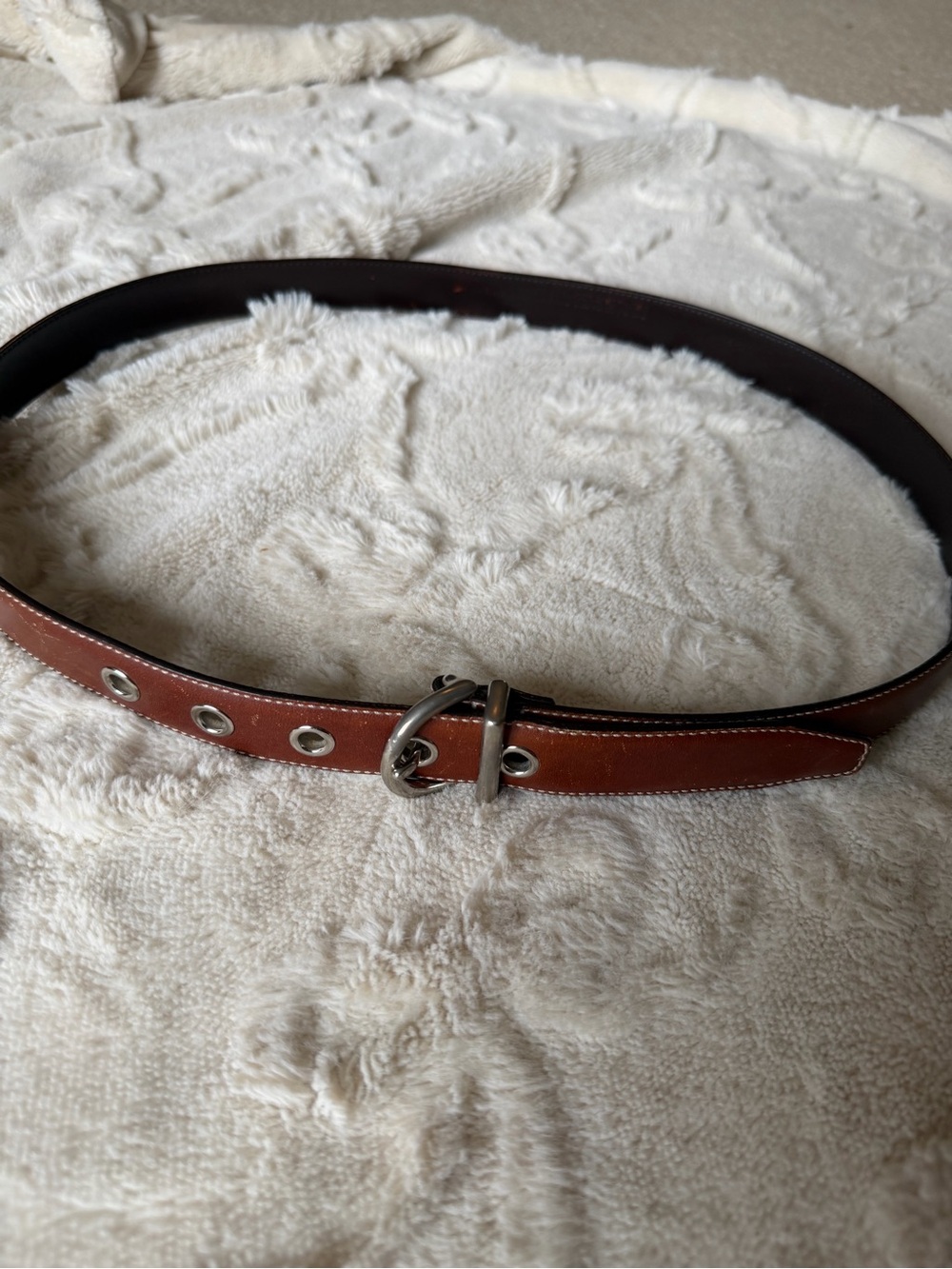 Coach Brown Leather Double-Prong Belt with Silver Eyelets